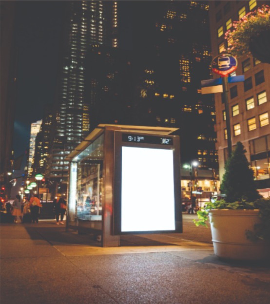 Painel de ponto de ônibus com iluminação backlight e mobiliário urbano