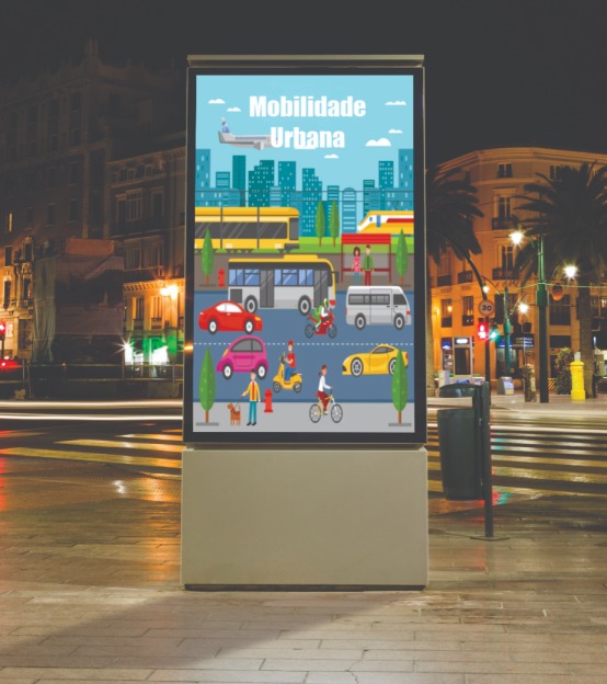 Painel de ponto de ônibus com iluminação backlight e mobiliário urbano